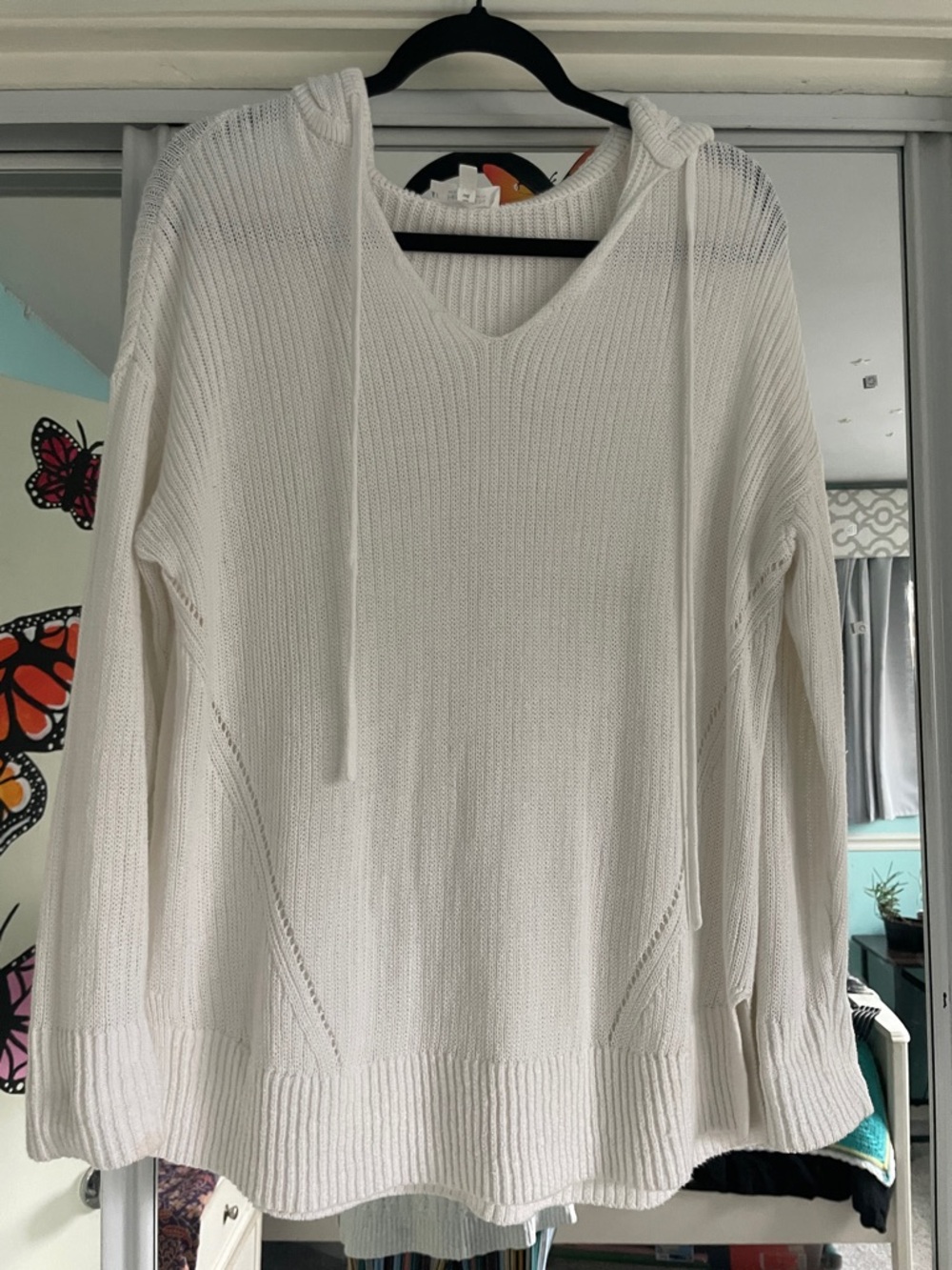 Haven by Talbots White V-Neck Hooded Knit Sweater